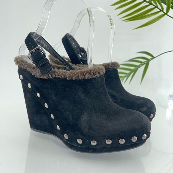 Stuart Weitzman Clogger Mules Women's Size 5.5 Black Wedge Platform Suede Fur - Picture 1 of 16